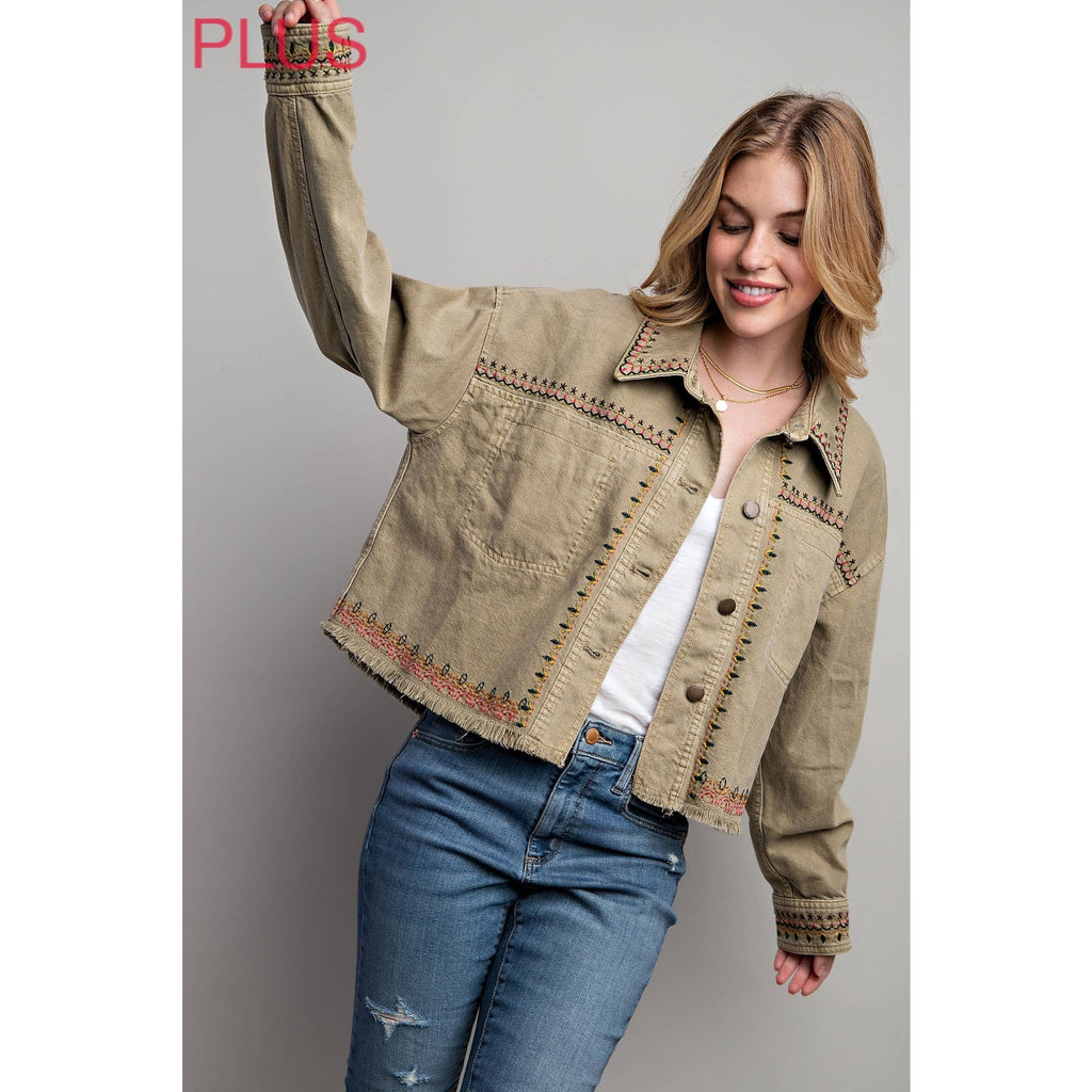 PLUS EMBROIDERED WASH COTTON JACKET