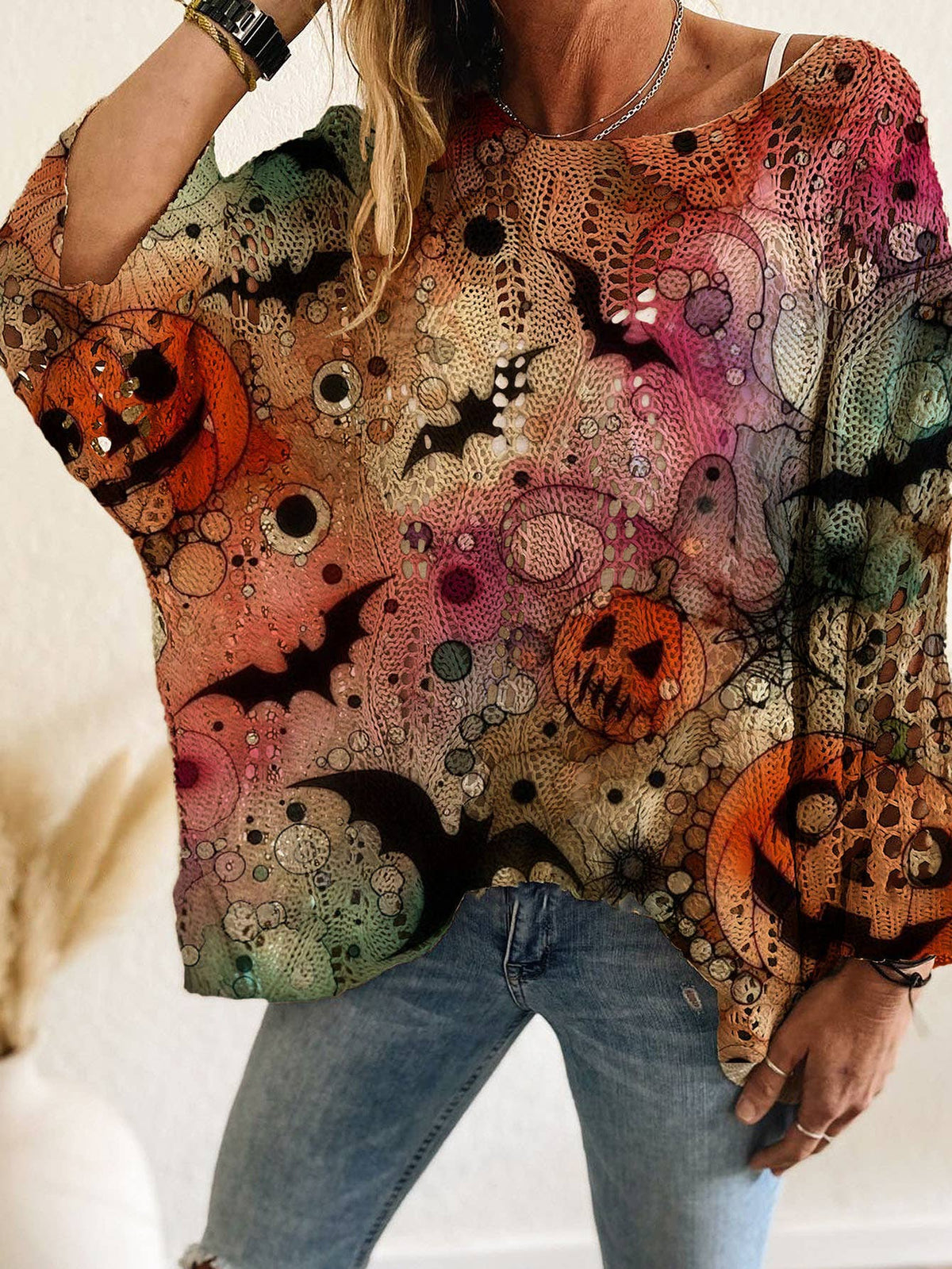 Diamond Bat Pumpkin Halloween 3D Print Hollow Knit Top