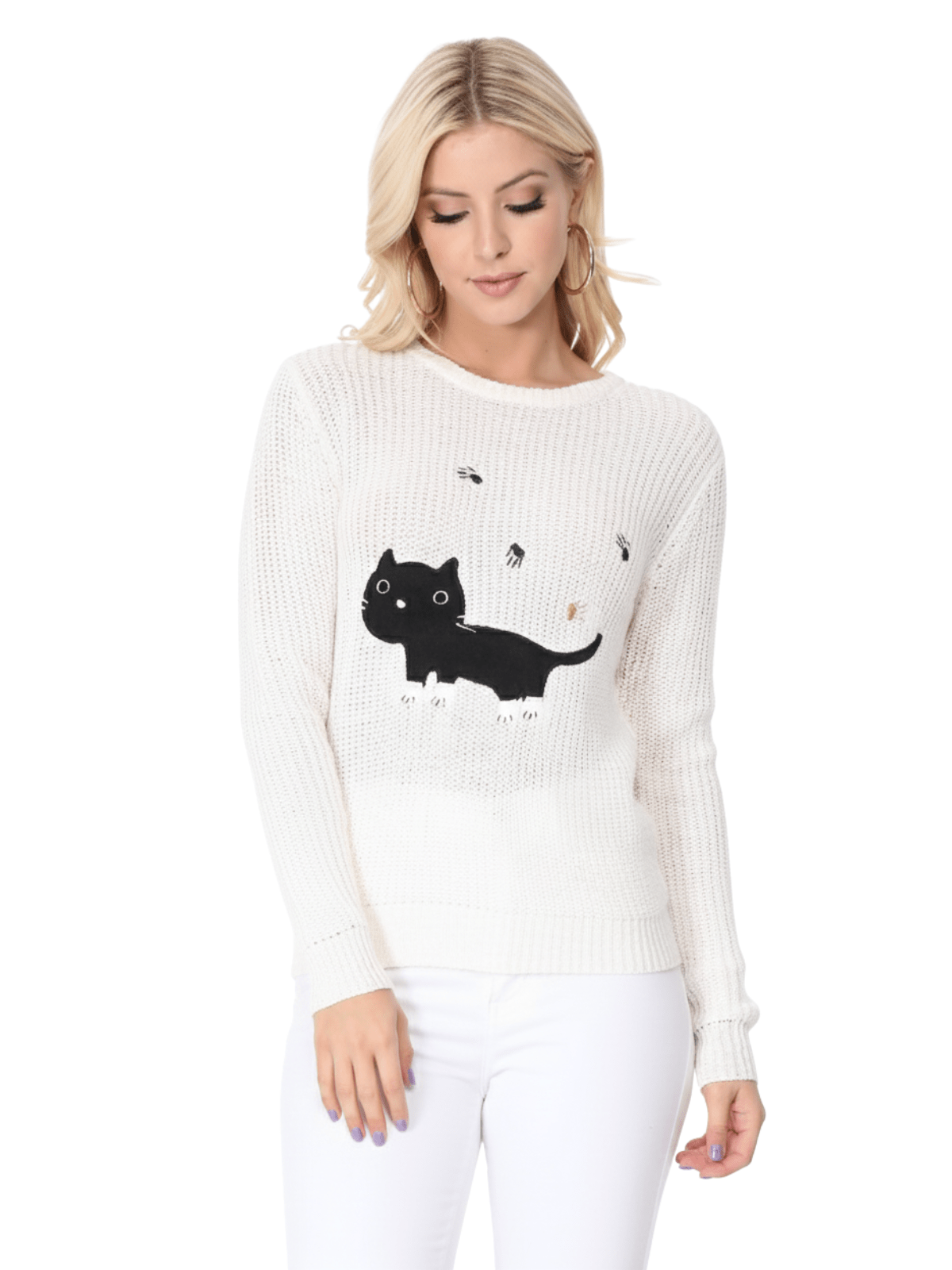 Crewneck BLACK Cat Applique Knit Pullover Sweater MK8207