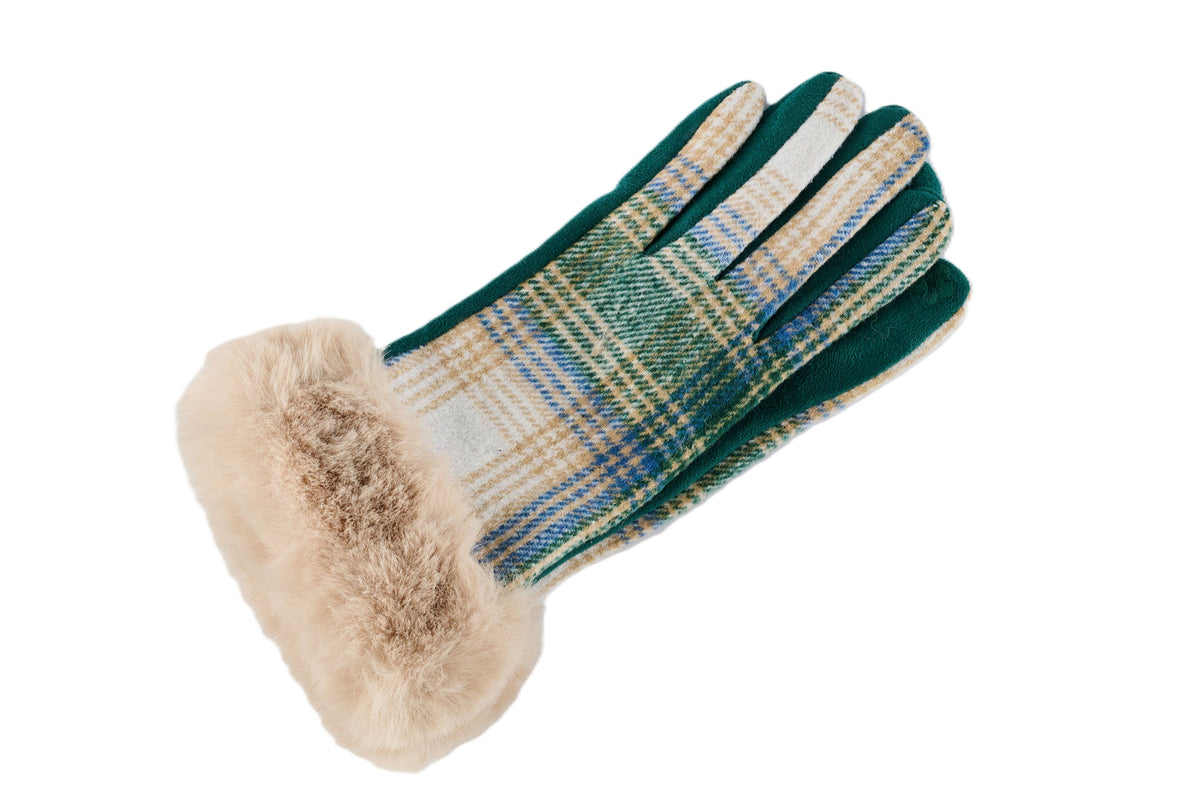 Plaid With Fur Cuff Fleece Lined Gloves, 3 Assorted