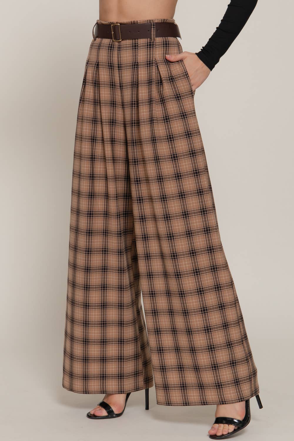 Pleats Detail Belted Side Zipper Plaid Woven Wide Long Pants