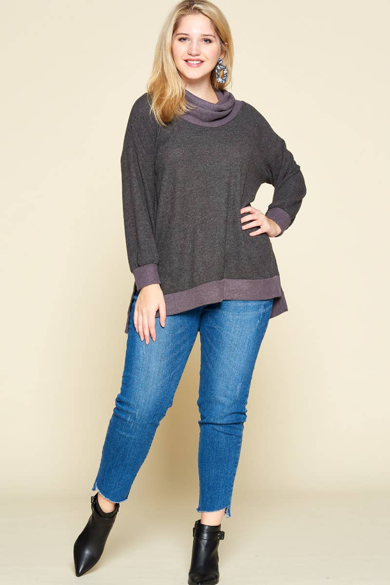 Plus Size Hacci Brush Cowl Neck Pullover