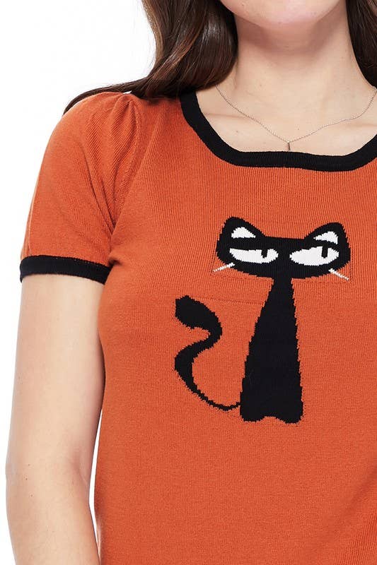 Short Sleeve Crewneck Cat Print Casual T-Shirt Sweater