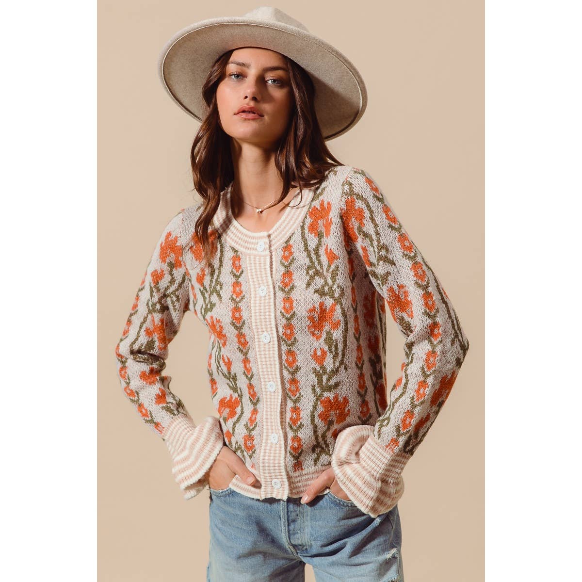 FLORAL INTARSIA BUTTON UP SWEATER CARDIGAN