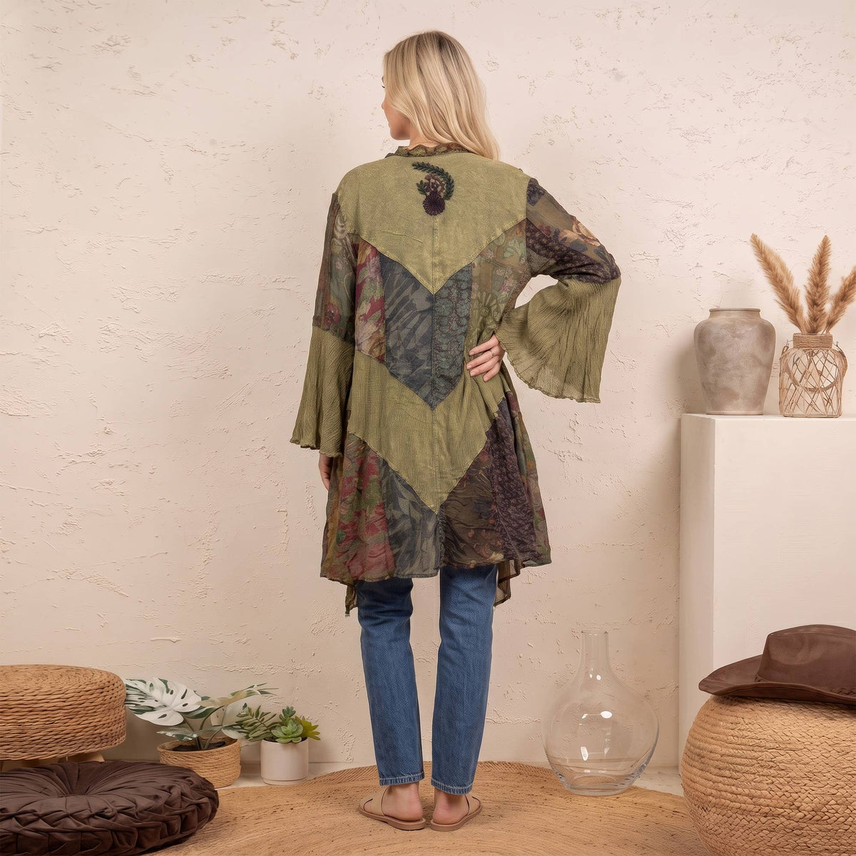 Rustic Boho Patchwork Ruffle Open Front Kimono NEW COLOR