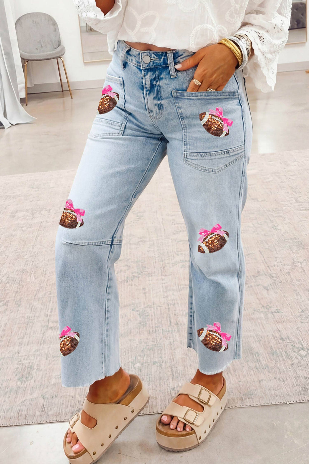 Sequin Detail Patched Rugby Pattern Raw Hem Shift Jeans