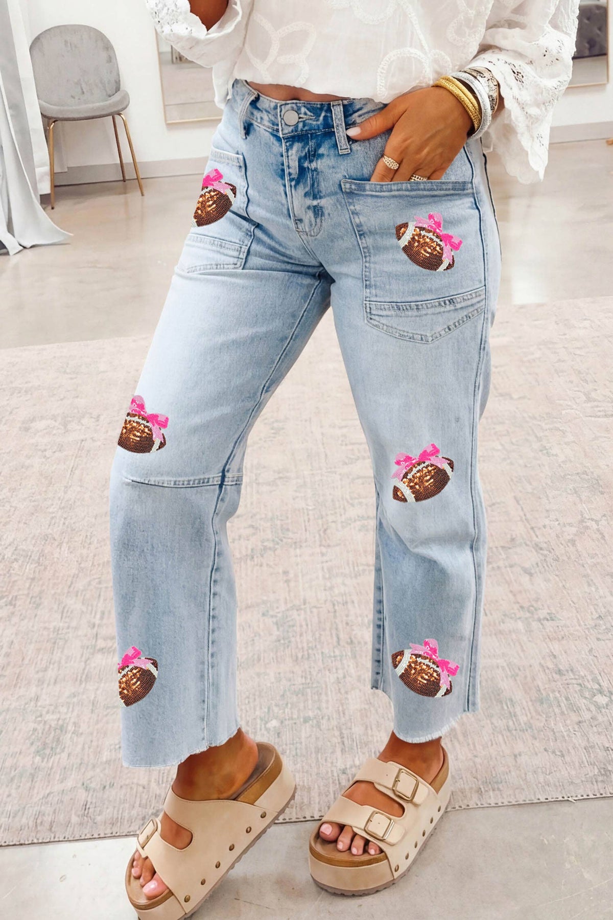 Sequin Detail Patched Rugby Pattern Raw Hem Shift Jeans