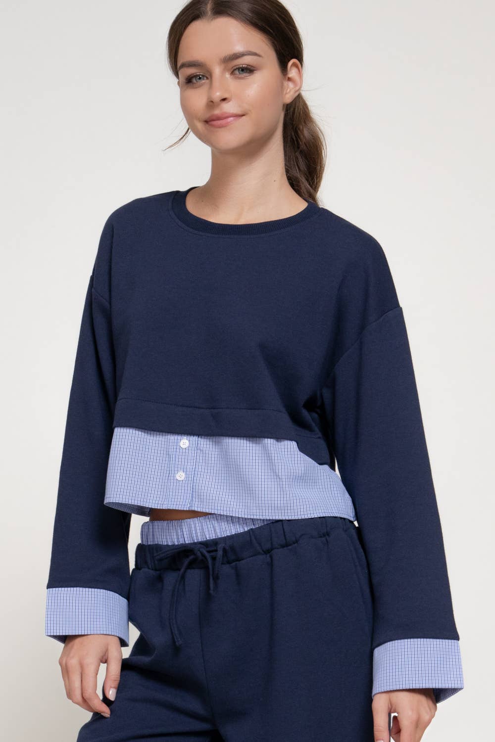 Long Sleeve Sweatshirt with Contrasting Check Panel