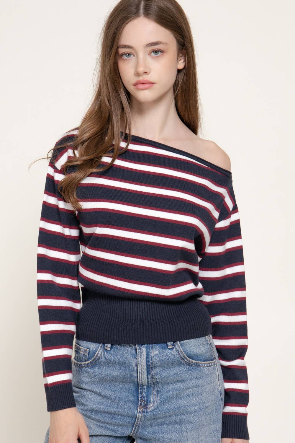 Long Sleeve Asymmetrical Neckline Multi Stripe Sweater Top
