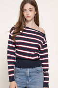 Long Sleeve Asymmetrical Neckline Multi Stripe Sweater Top