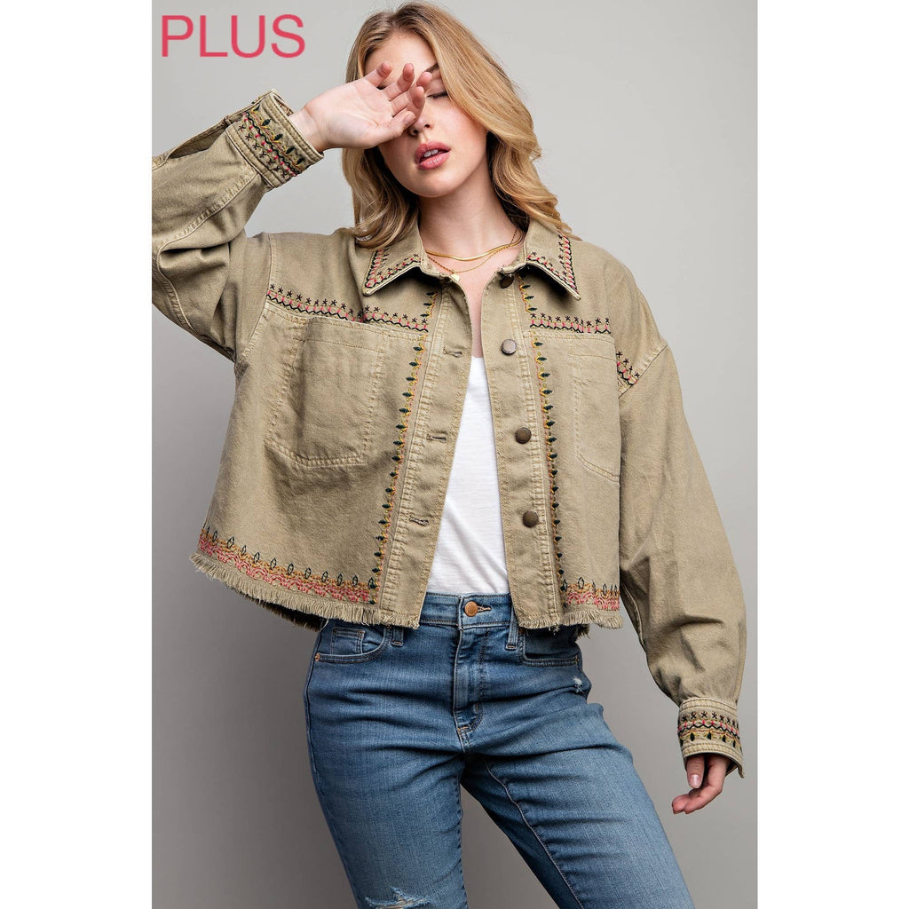 PLUS EMBROIDERED WASH COTTON JACKET