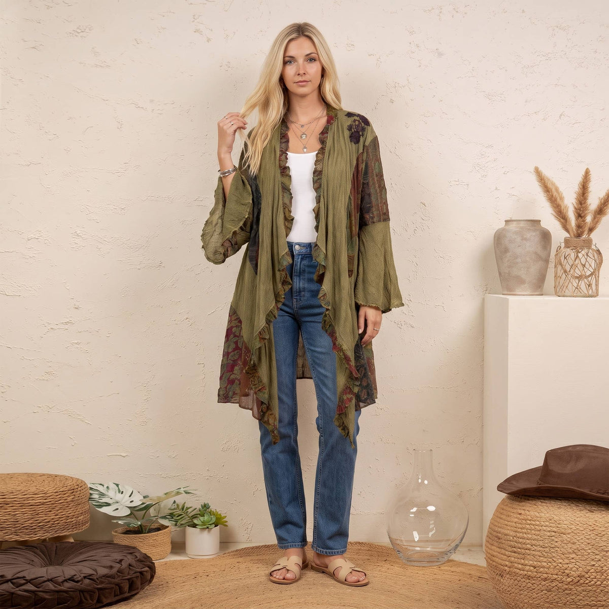 Rustic Boho Patchwork Ruffle Open Front Kimono NEW COLOR