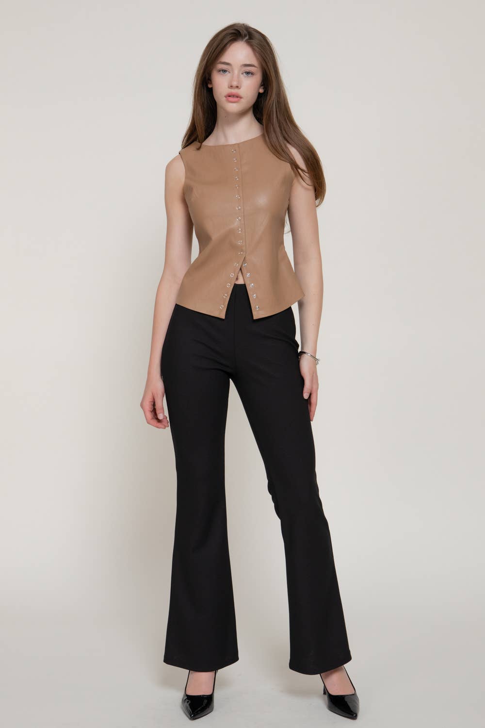 Sleeveless Crew Neck Studded Faux Leather Top