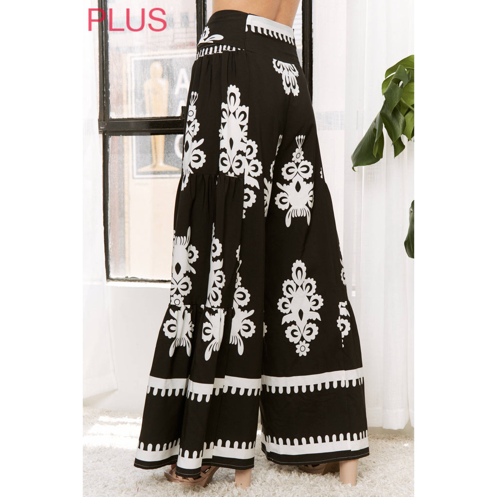 PLUS CHIC FASHIONABLE SUMMER PRINTED WOVEN SELF BELTED WIDE