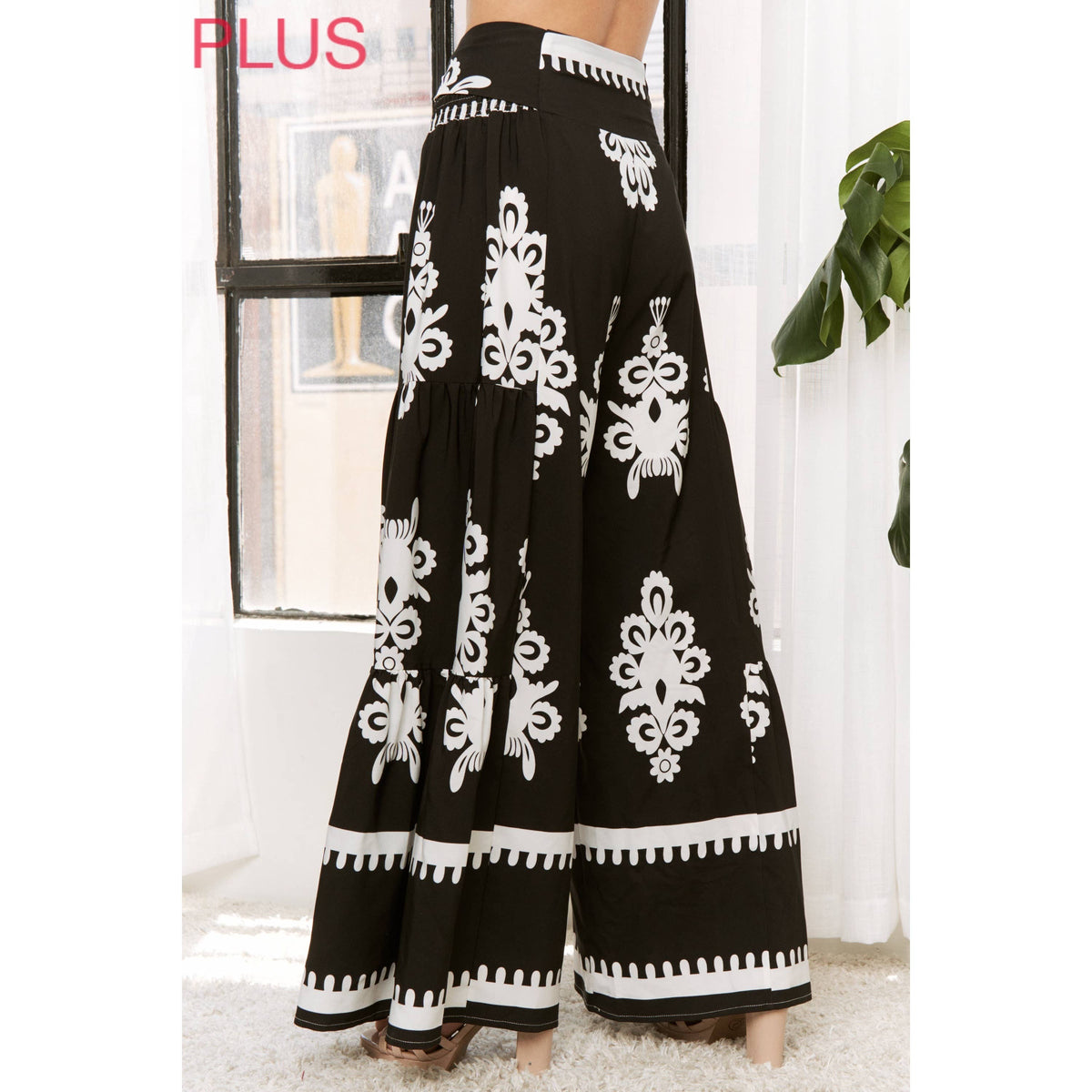 PLUS CHIC FASHIONABLE SUMMER PRINTED WOVEN SELF BELTED WIDE