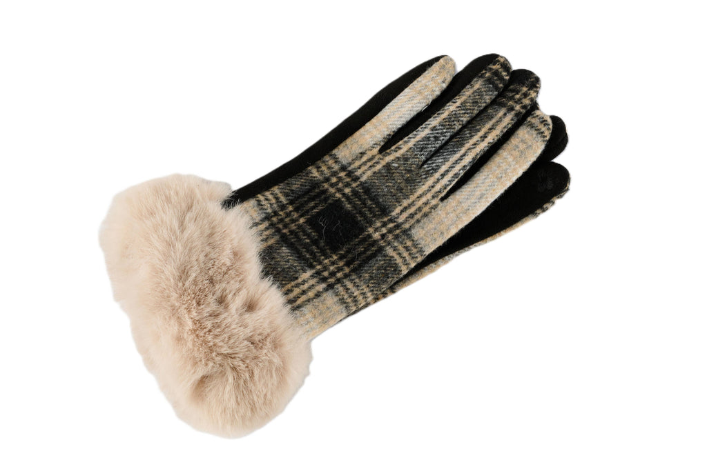 Plaid With Fur Cuff Fleece Lined Gloves, 3 Assorted