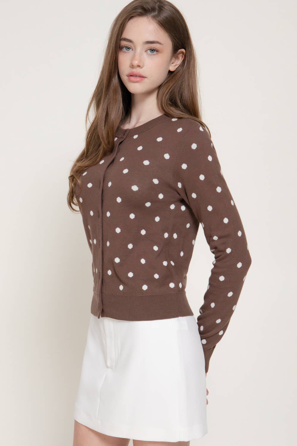 Long Sleeve Crew Neck Button Down Dot Sweater Cardigan