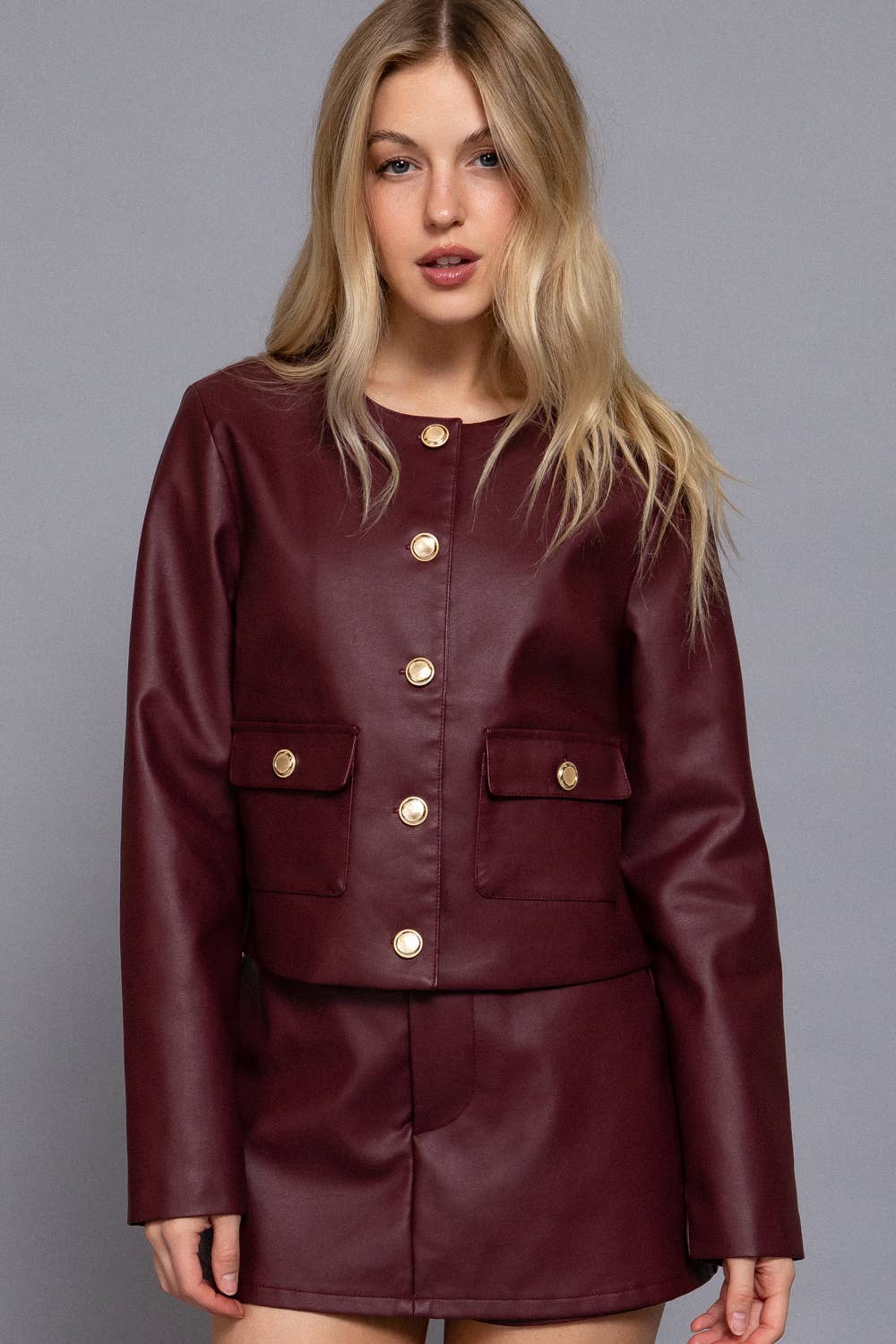 Long Sleeve Button Down Faux Leather Jacket