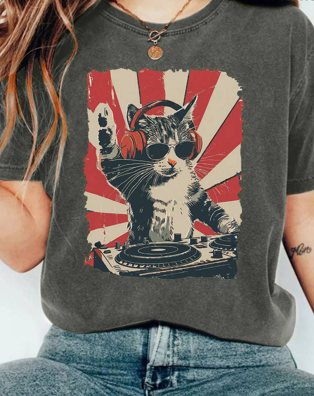 Retro Dj Cat Print Crew Neck Pullover T-Shirt