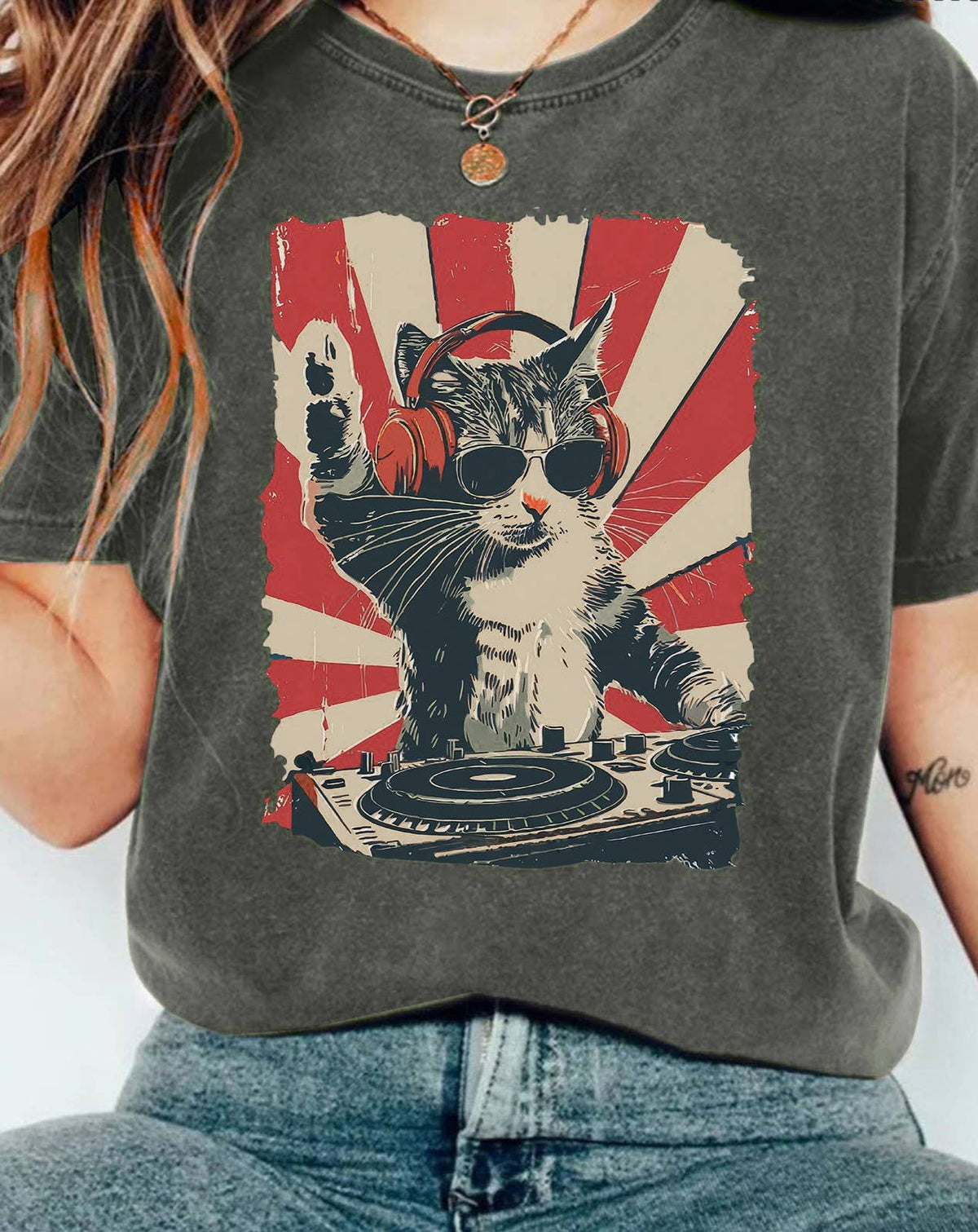 Retro Dj Cat Print Crew Neck Pullover T-Shirt