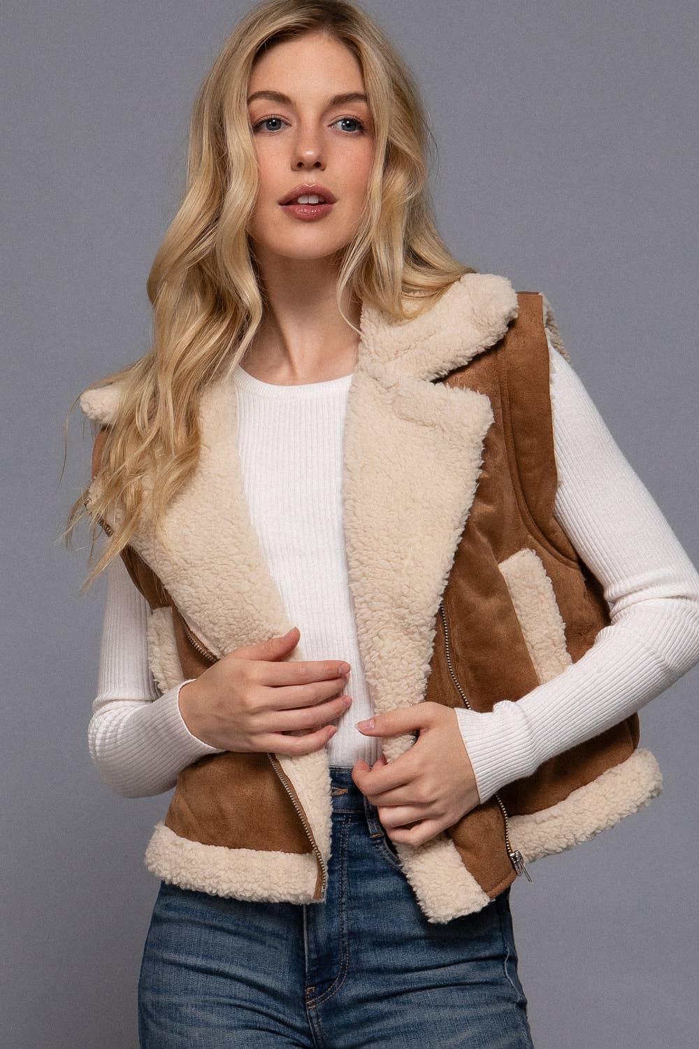 Faux Suede Inner Fur Zip Up Vest