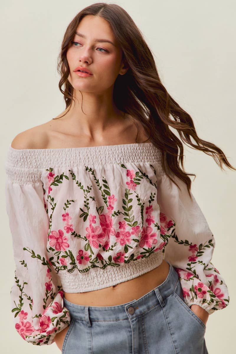 FLORAL EMBROIDERED OFF THE SHOULDER CROP TOP