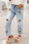 Sequin Detail Patched Rugby Pattern Raw Hem Shift Jeans