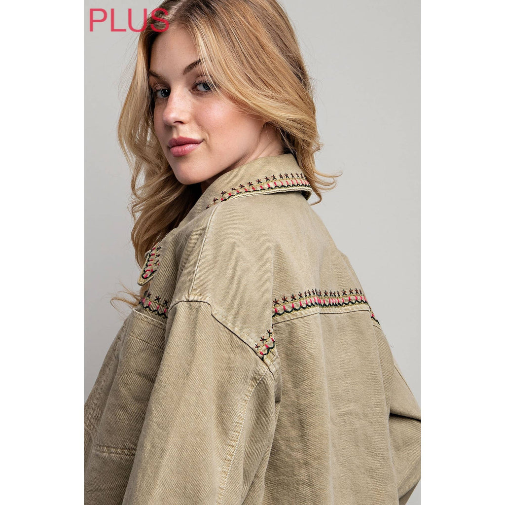 PLUS EMBROIDERED WASH COTTON JACKET