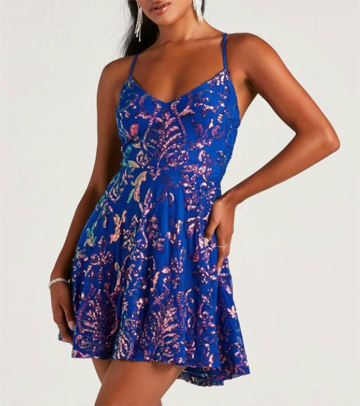 Strap Embroidered Sequin Mini Dress