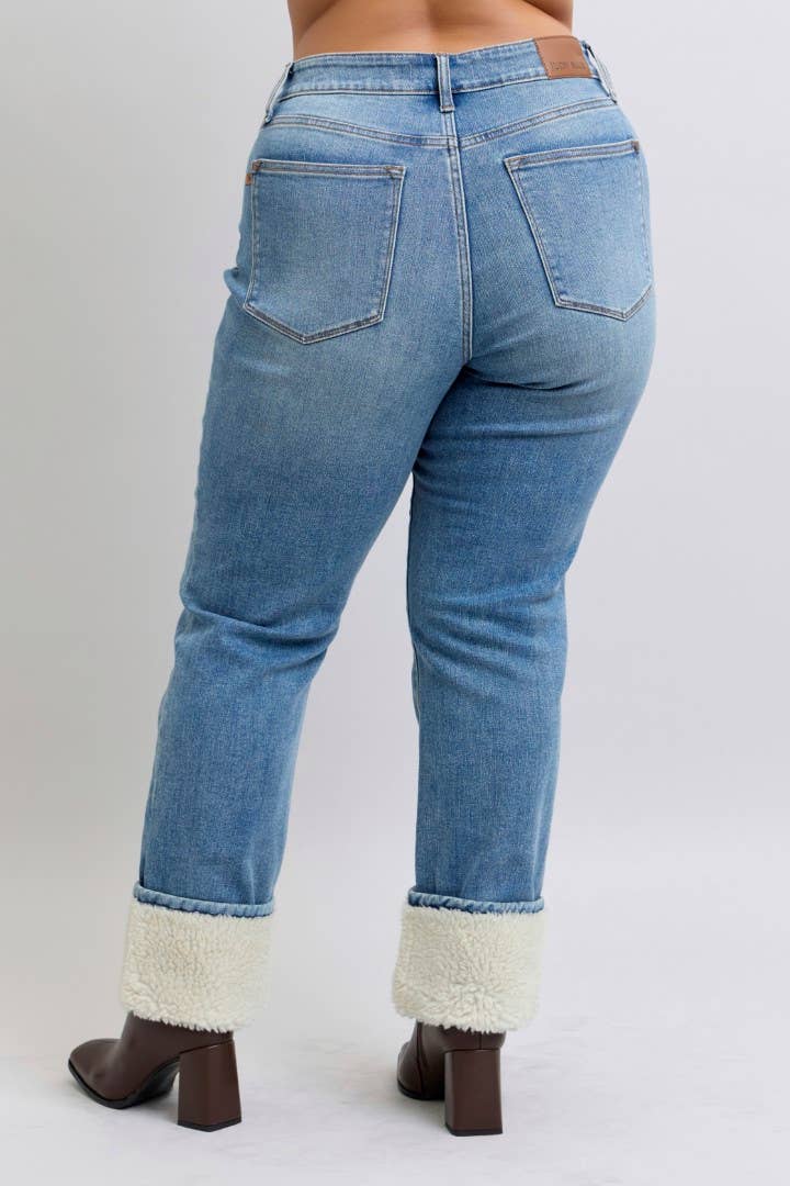 High Waisted Shearling Cuff Straight- PLUS