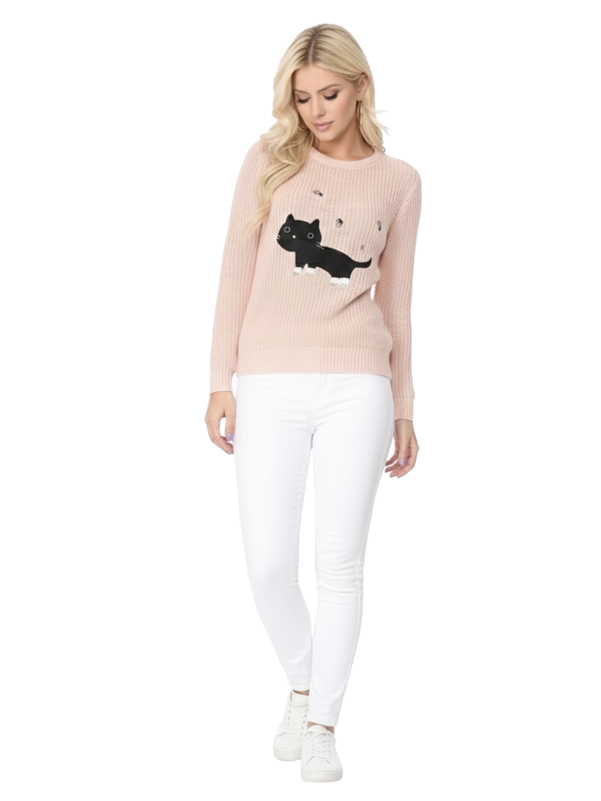 Crewneck BLACK Cat Applique Knit Pullover Sweater MK8207