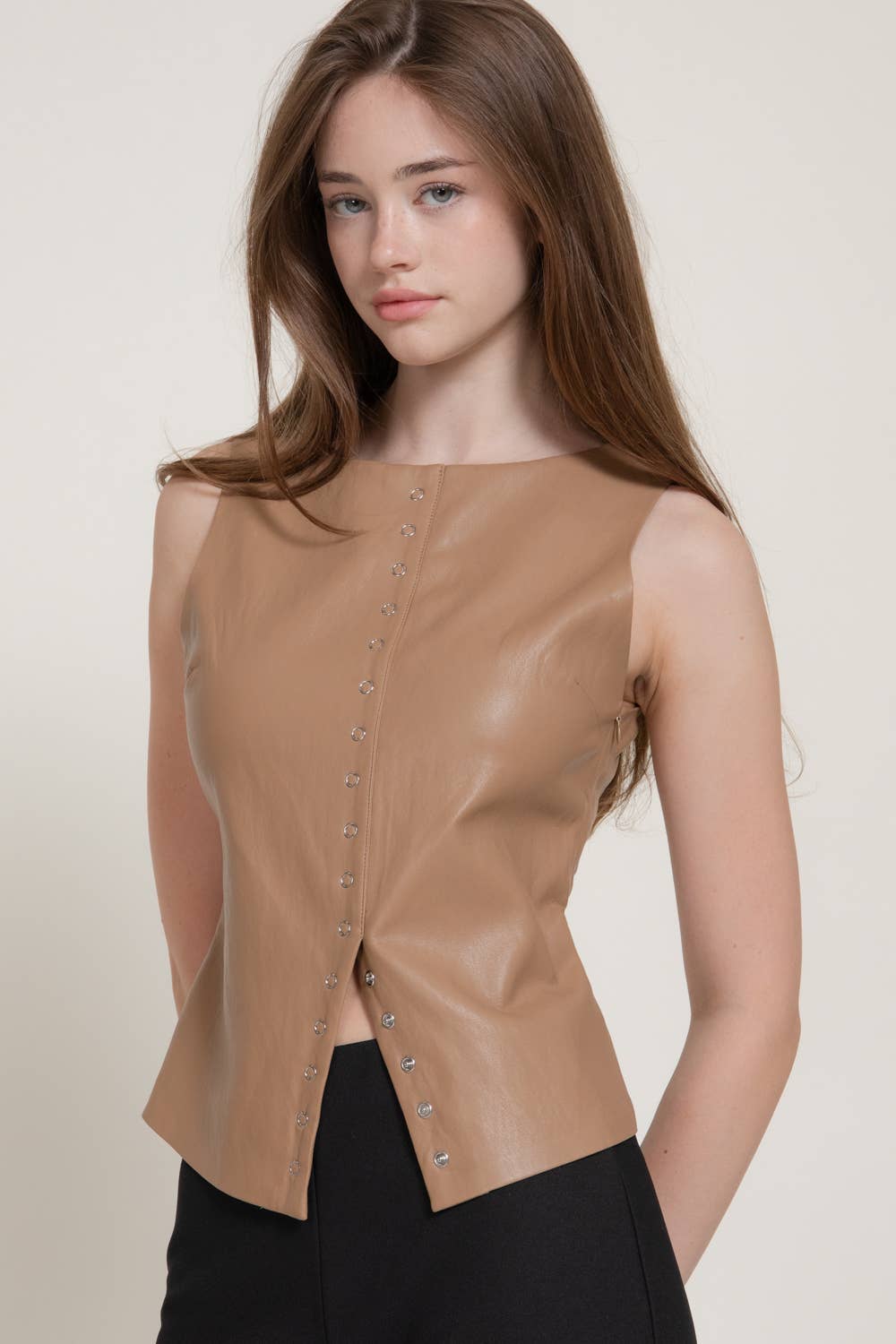 Sleeveless Crew Neck Studded Faux Leather Top