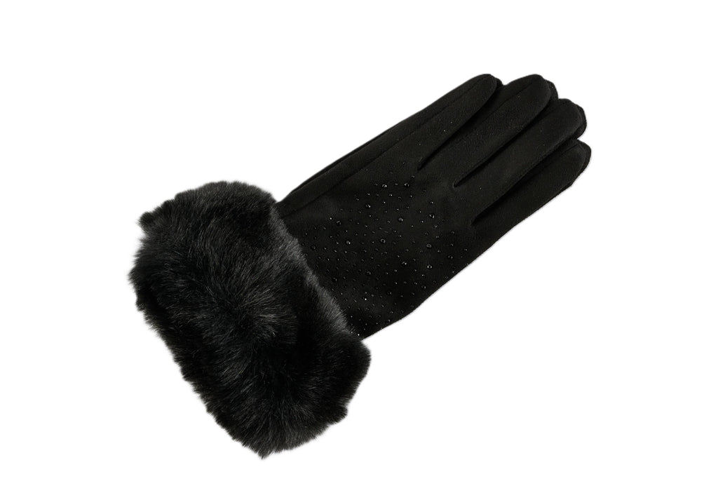 Rhinestone With Fur Cuff Fleece Lined Gloves, 4 Assorted