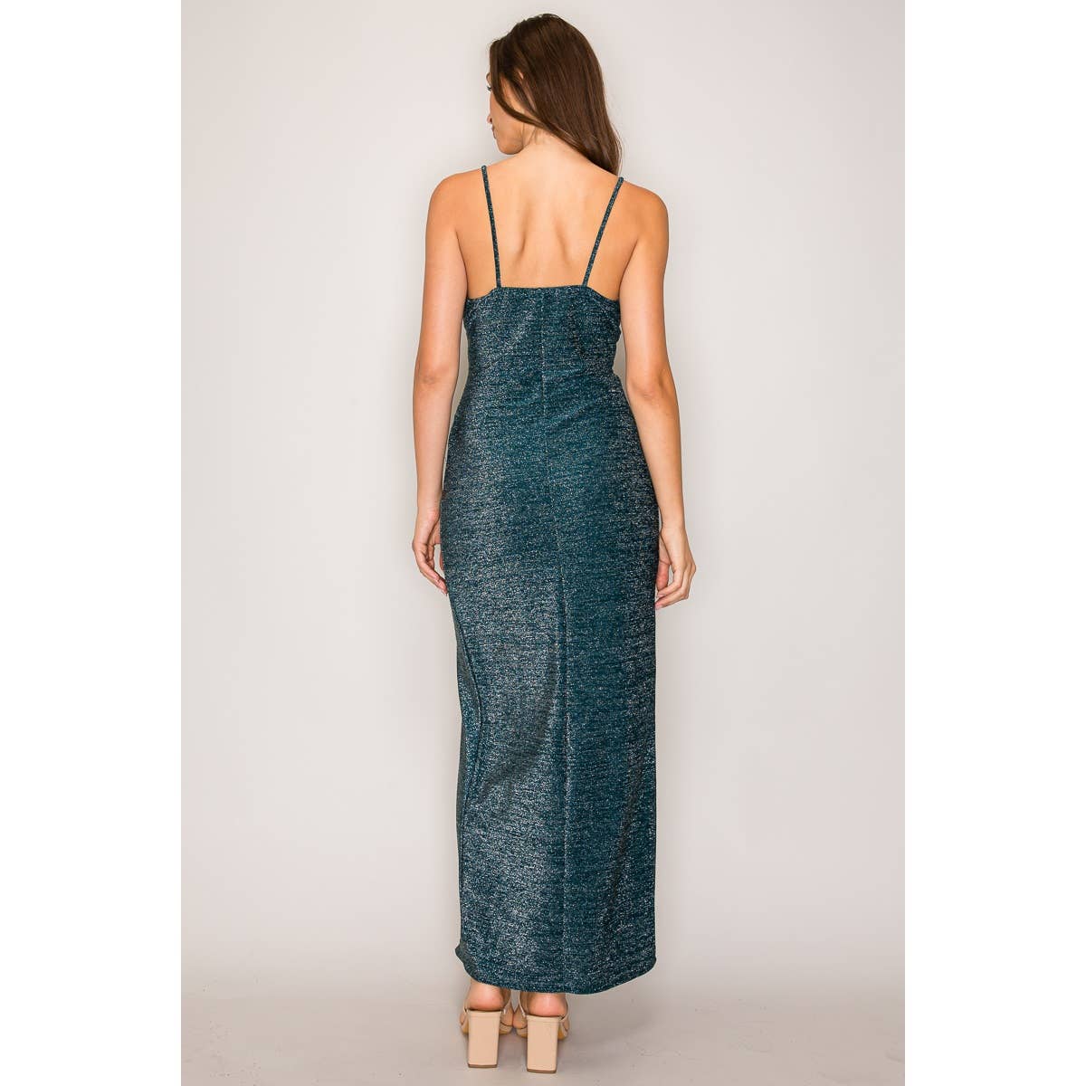 Wrap Bodice Front Slit Pleated Lurex Maxi Dress