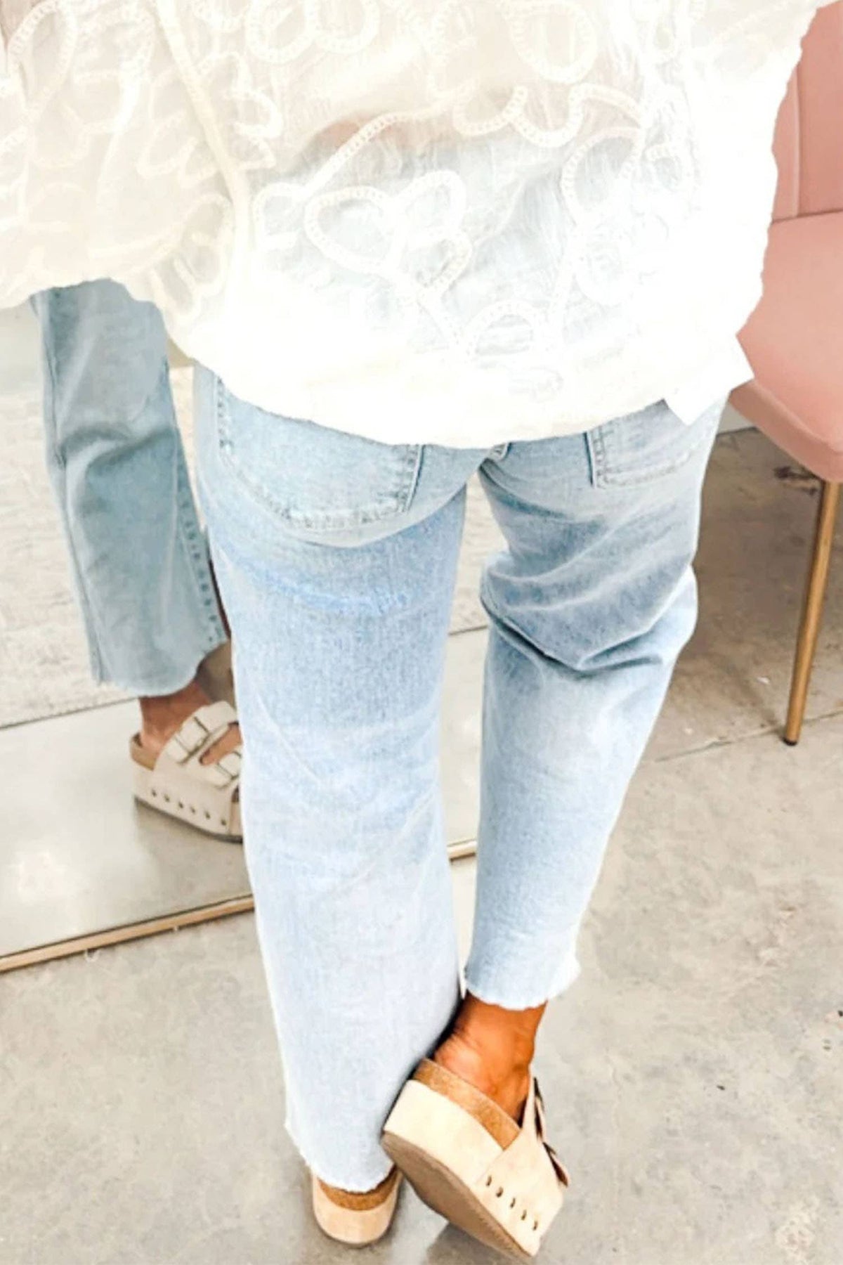 Sequin Detail Patched Rugby Pattern Raw Hem Shift Jeans