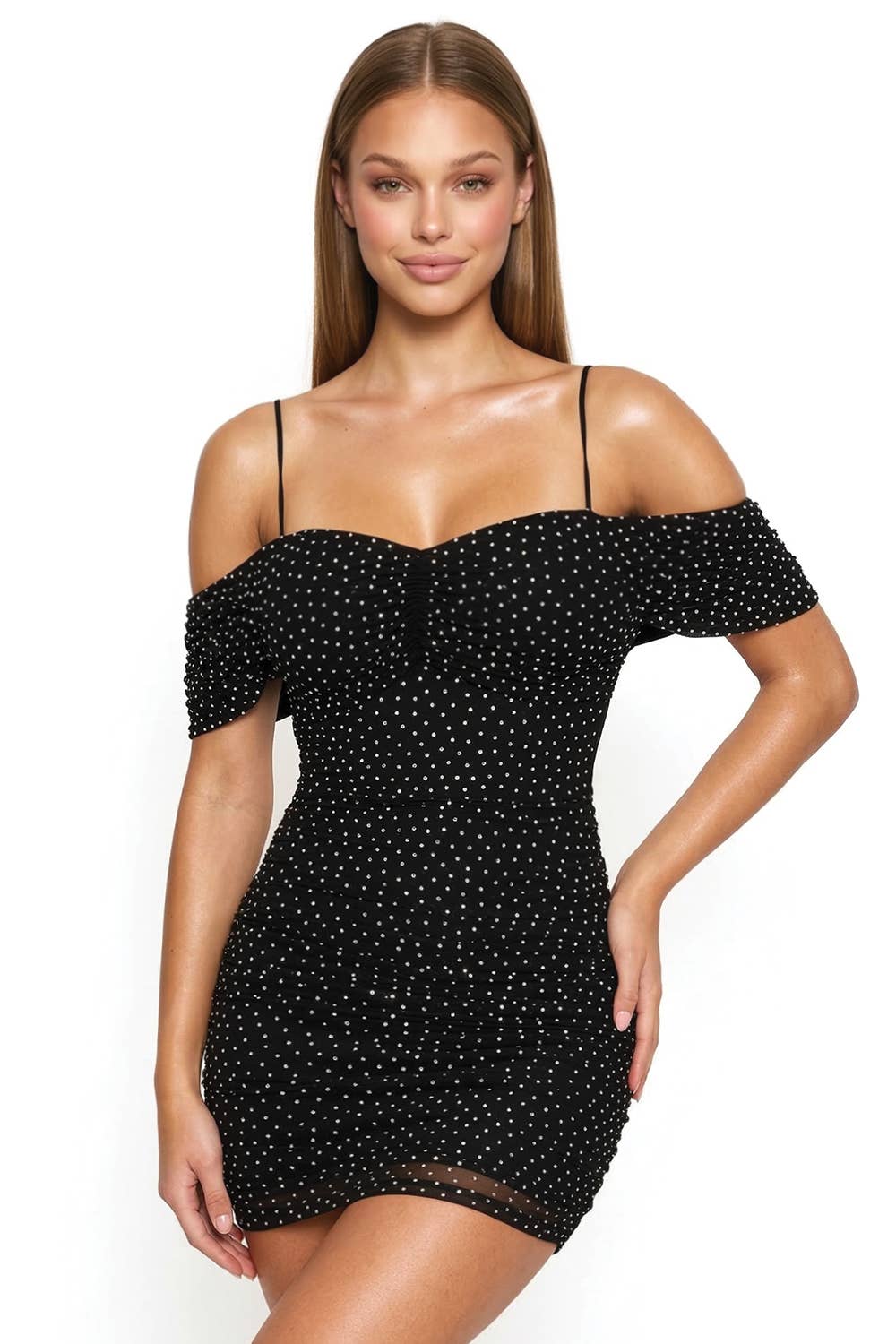 RHINESTONE ON POWER MESH MINI DRESS