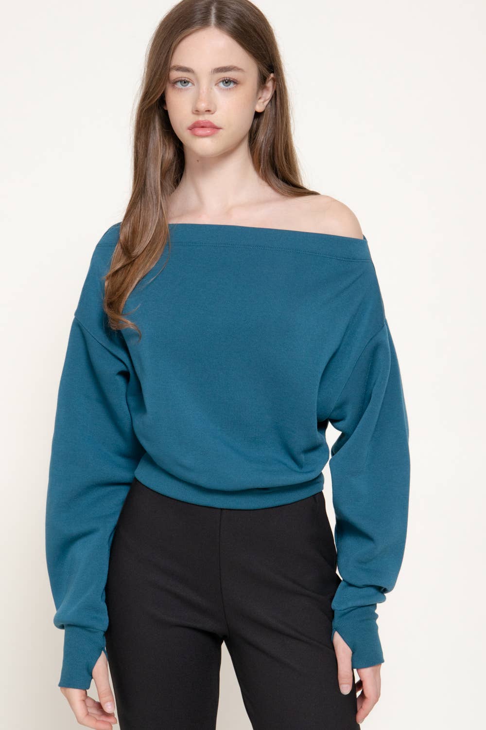 Long Sleeve Off The Shoulder Thumb Hole Inner Fleece Top