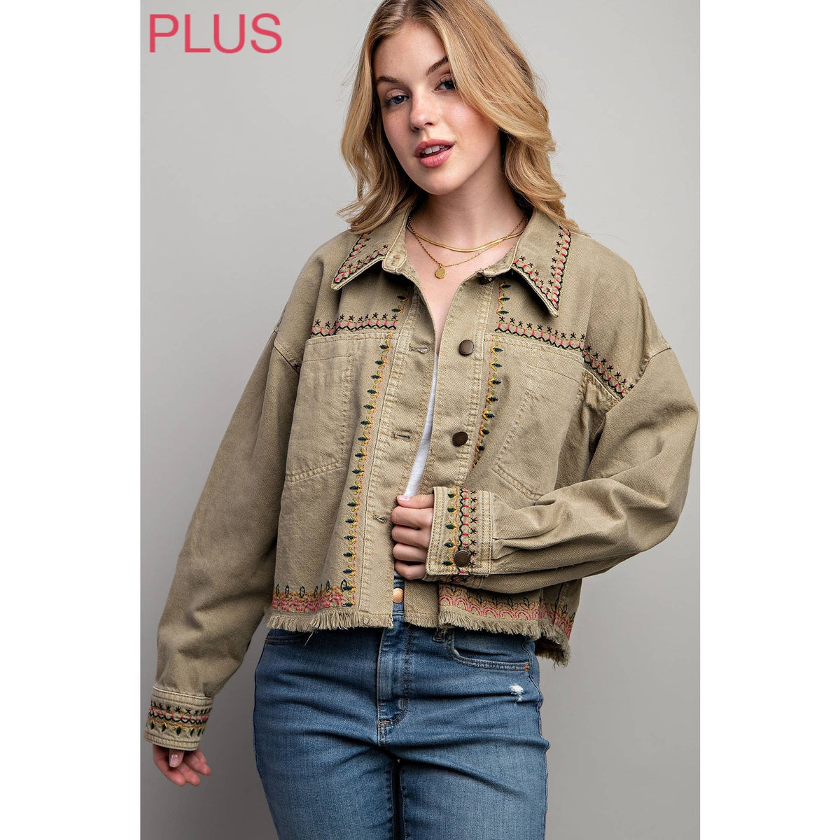 PLUS EMBROIDERED WASH COTTON JACKET