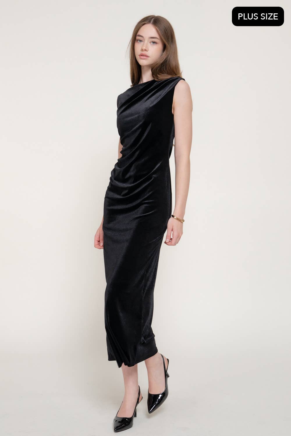 Sleeveless Crew Neck Ruched Velvet Dress