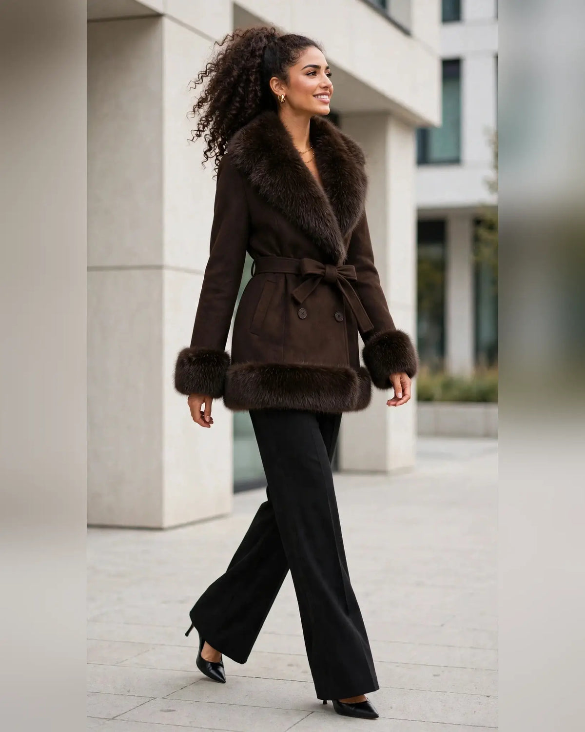 CLAWJ0120: Women's Belted Faux Fur Collar Wrap Coat