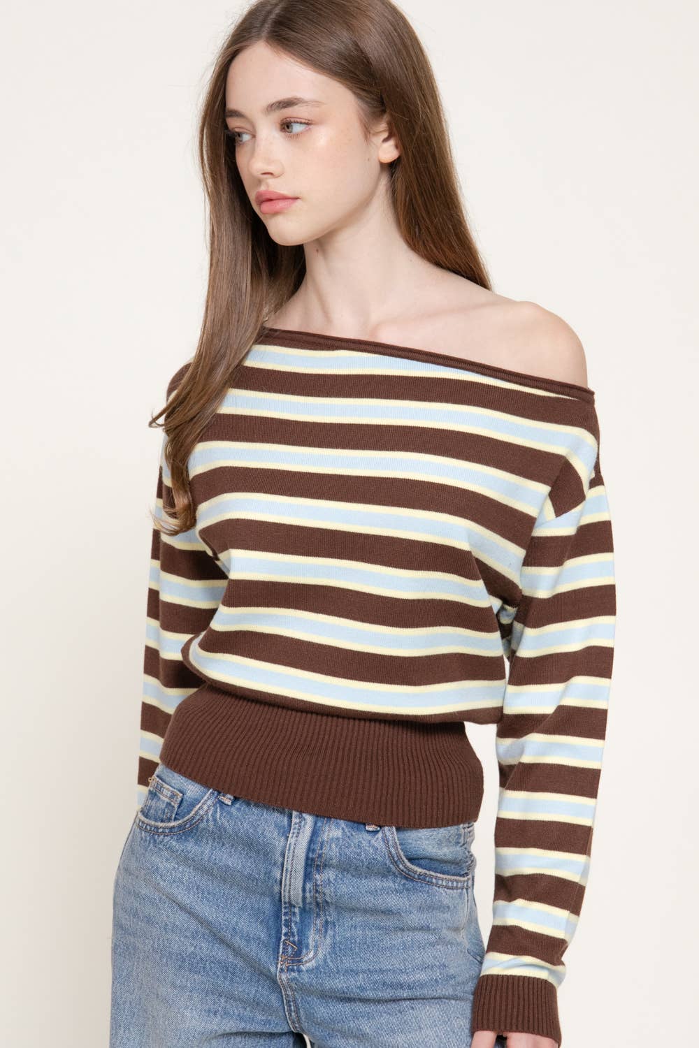Long Sleeve Asymmetrical Neckline Multi Stripe Sweater Top