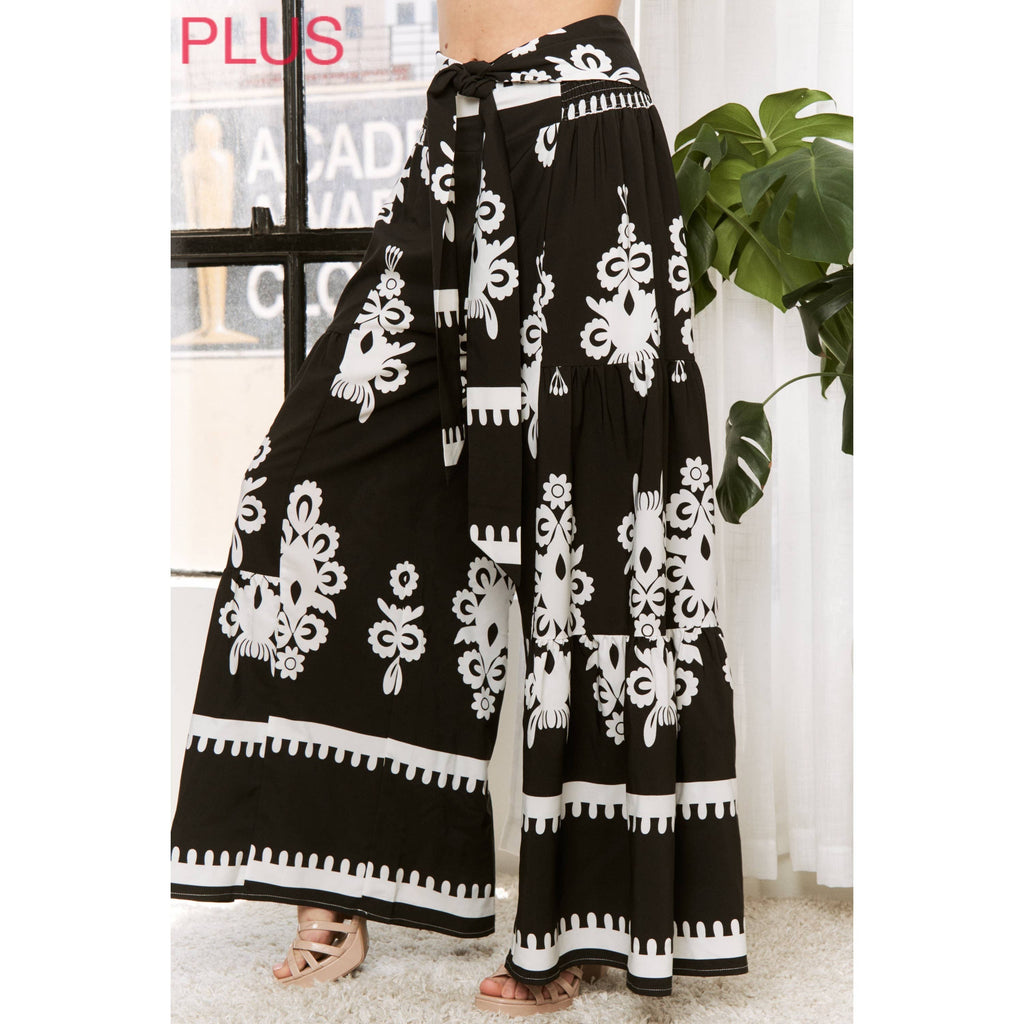 PLUS CHIC FASHIONABLE SUMMER PRINTED WOVEN SELF BELTED WIDE