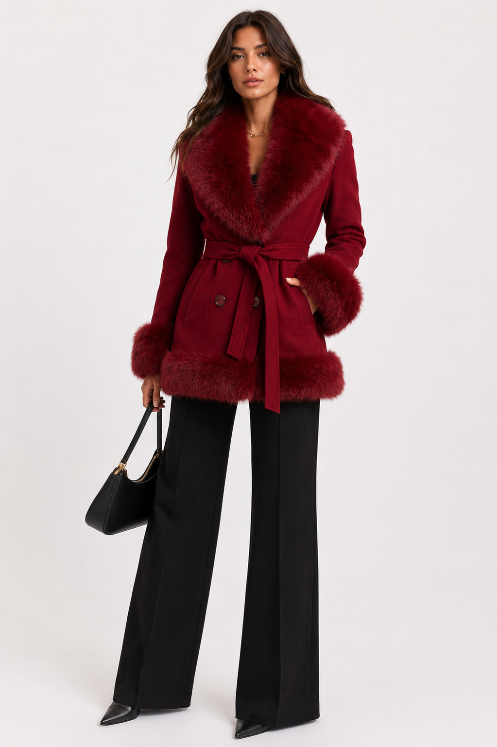 CLAWJ0120: Women's Belted Faux Fur Collar Wrap Coat