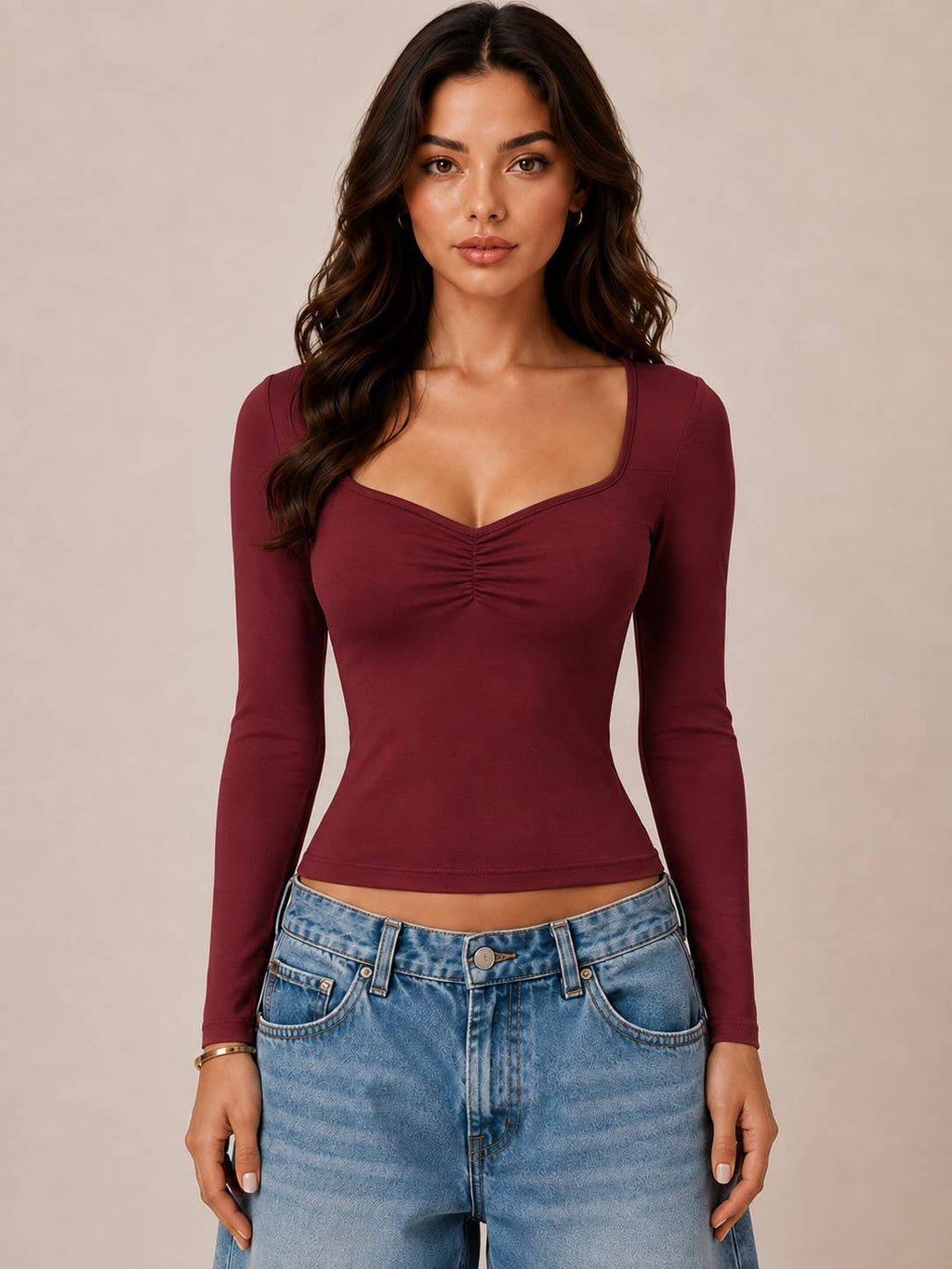 SWEETHEART NECK W/RUCHED LONG SLEEVE TOP