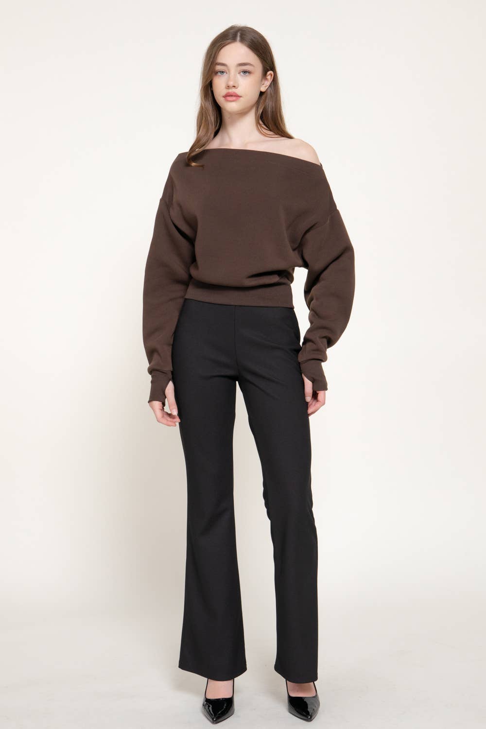 Long Sleeve Off The Shoulder Thumb Hole Inner Fleece Top