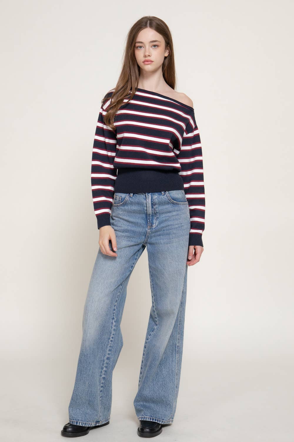 Long Sleeve Asymmetrical Neckline Multi Stripe Sweater Top