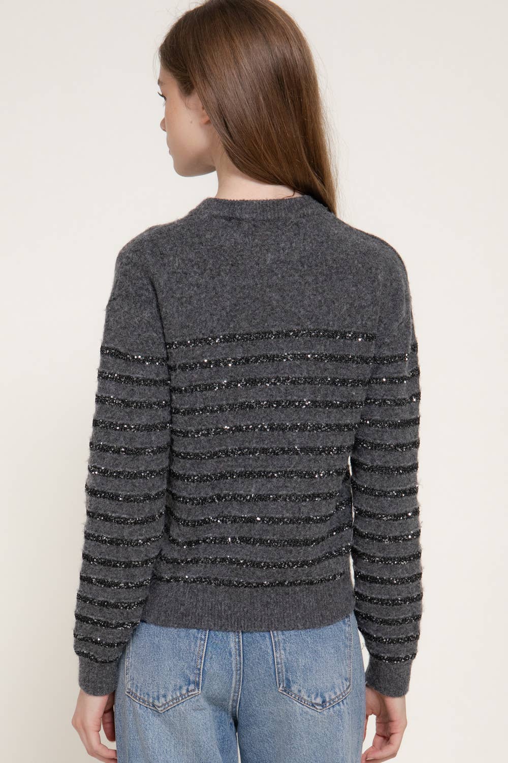 Long Sleeve Crew Neck Striped Sequins Sweater