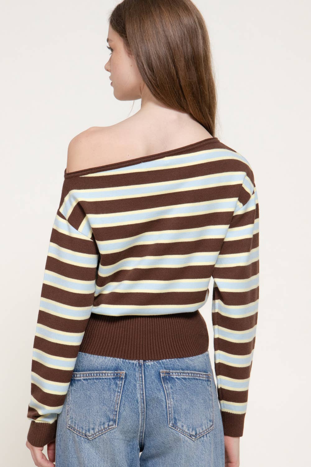 Long Sleeve Asymmetrical Neckline Multi Stripe Sweater Top