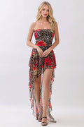 PRINTED STRAPLESS RUFFLE HI LOW RUFFLE DRESS