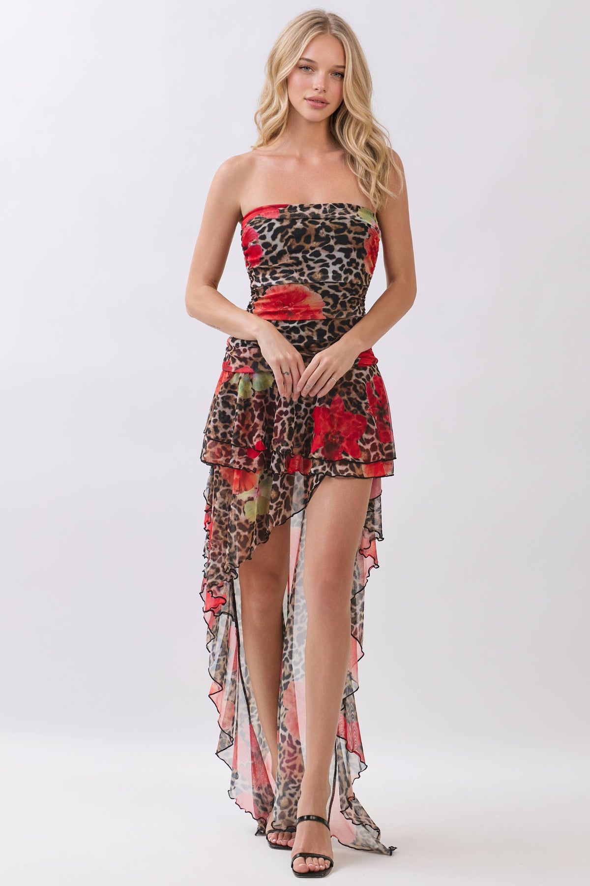 PRINTED STRAPLESS RUFFLE HI LOW RUFFLE DRESS